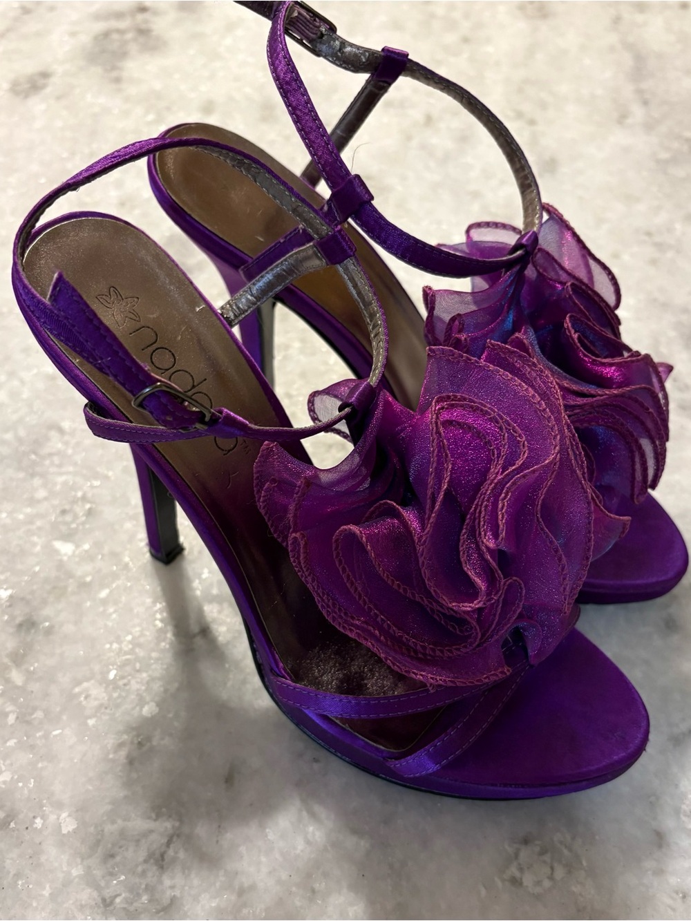 Purple Floral Ruffle High Heel Sandals